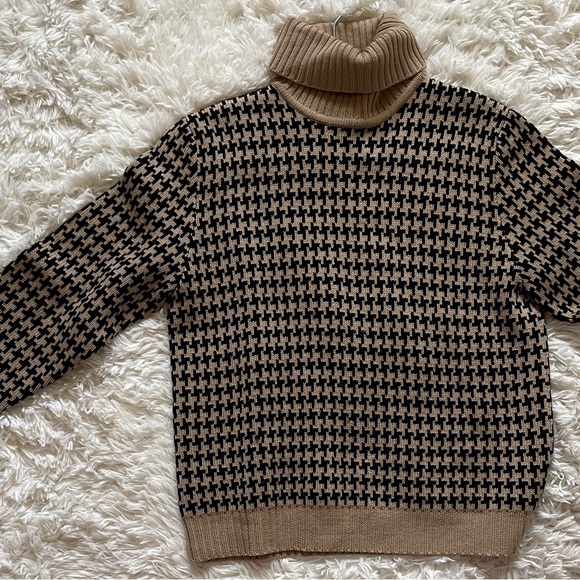 Ann Taylor 100% Extra Fine Merino Wool Sweater Brown Black Houndstooth Preppy XL - Picture 6 of 6